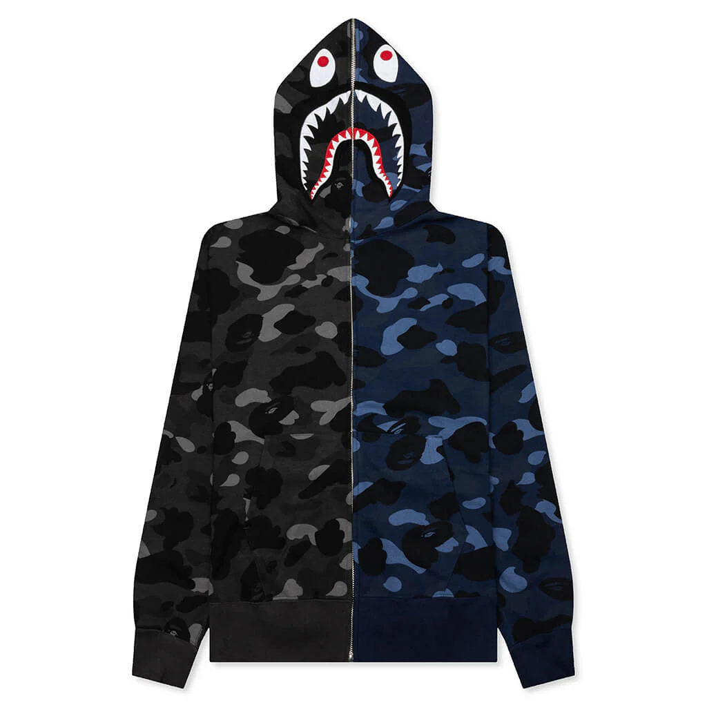 Color Camo Separate Shark Full Zip Hoodie - Black/Navy