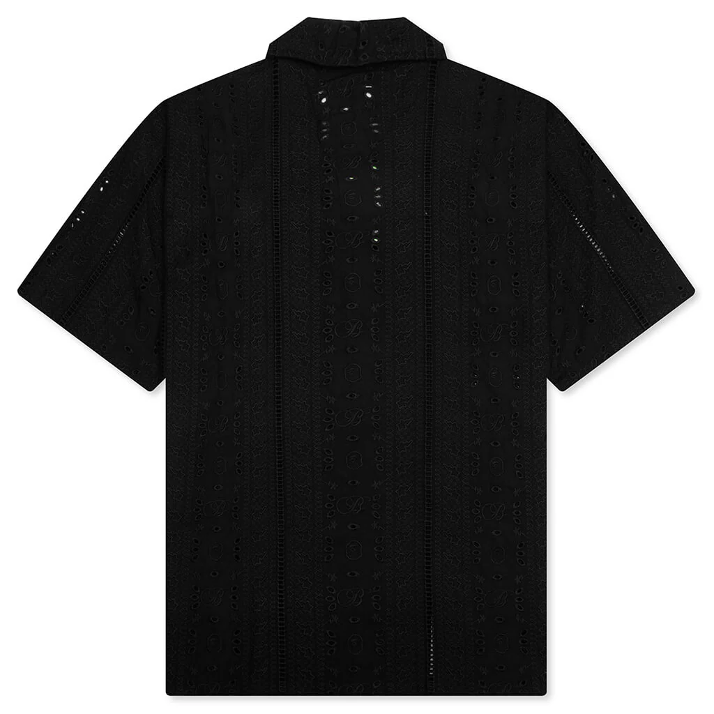 Embroidery Open Collar S/S Shirt - Black - Image 2