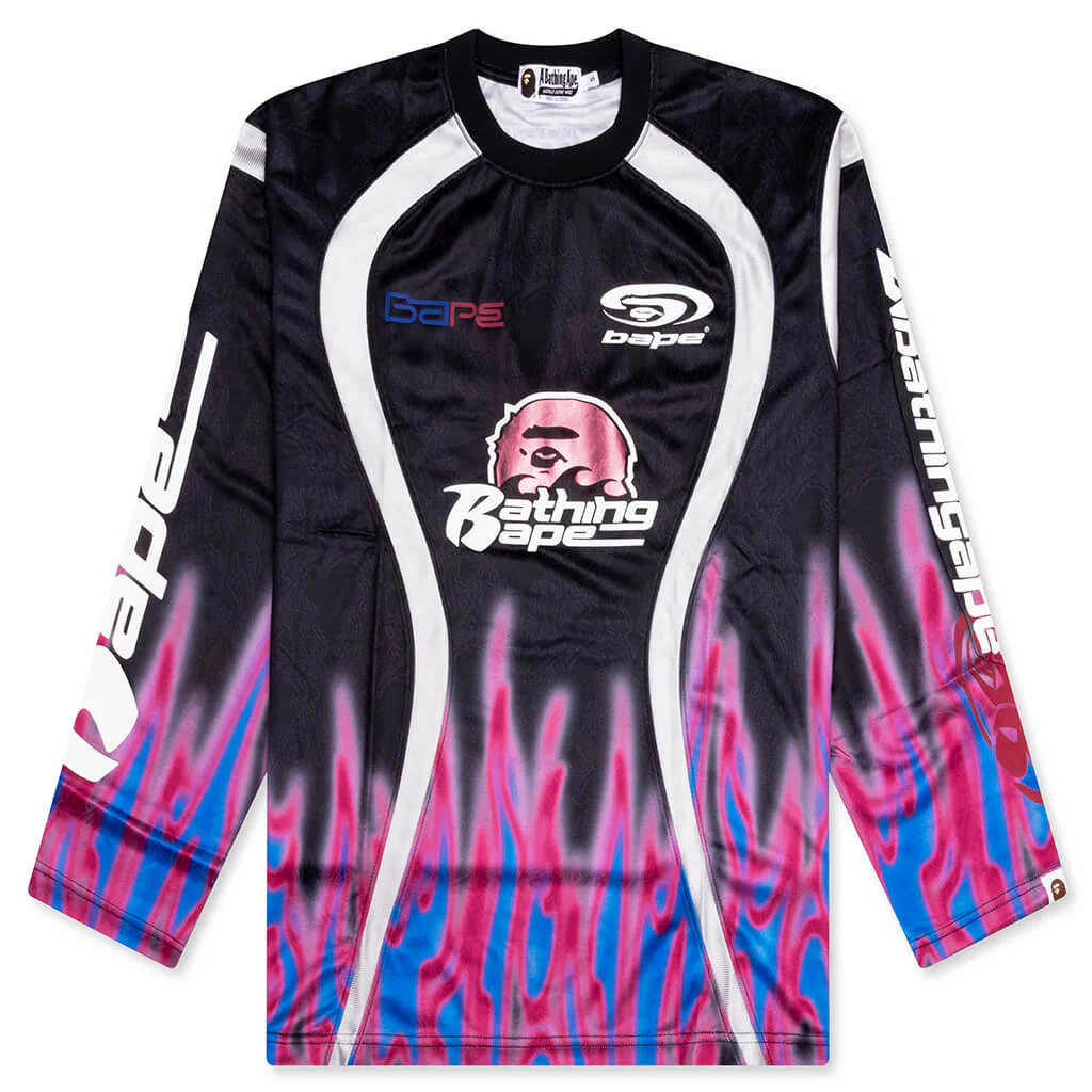 Flame Pattern Multilogo Relaxed Fit Football Jersey - Black