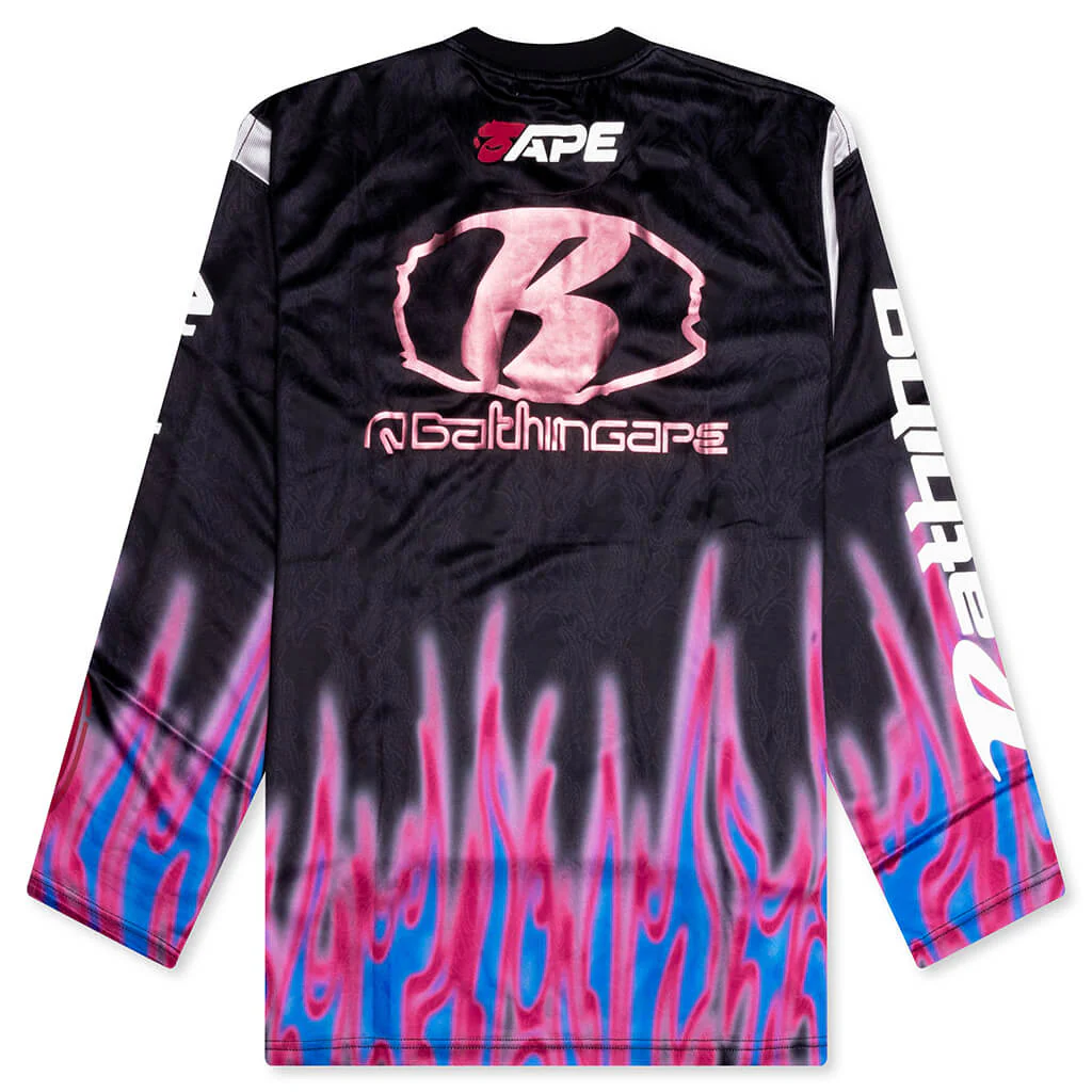 Flame Pattern Multilogo Relaxed Fit Football Jersey - Black - Image 2