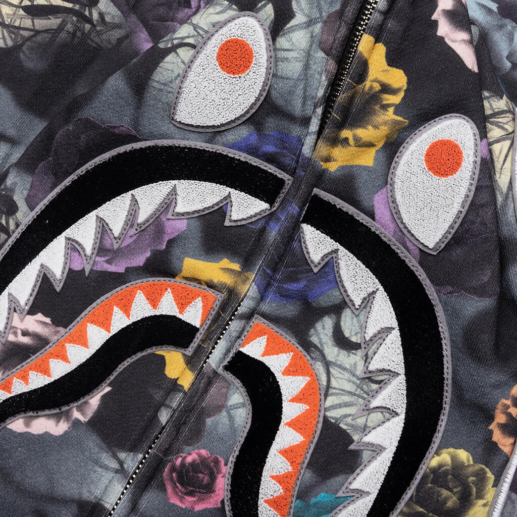 Floral Camo Shark Relaxed Fit Full Zip Hoodie - Black - Image 3