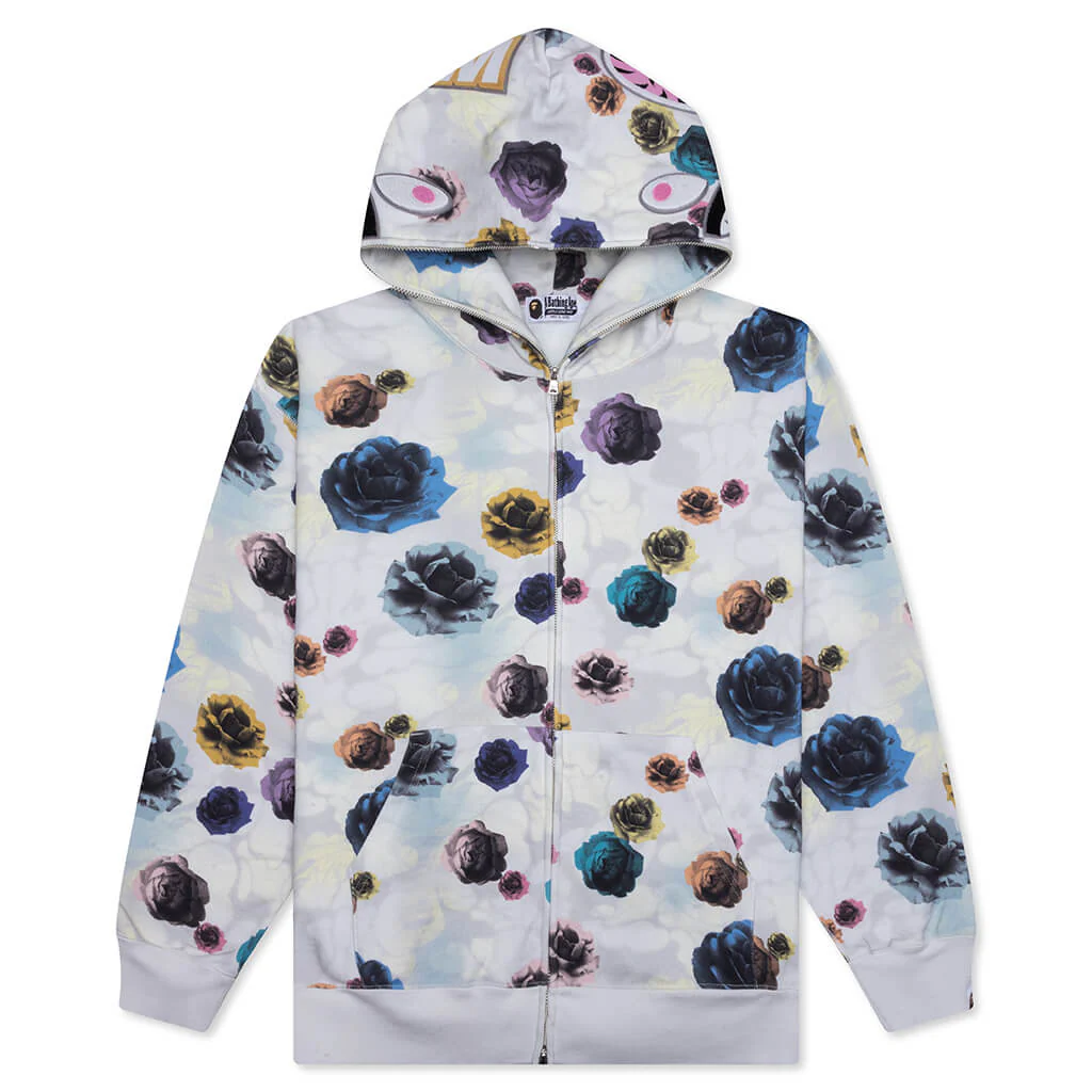Floral Camo Shark Relaxed Fit Full Zip Hoodie - Ivory