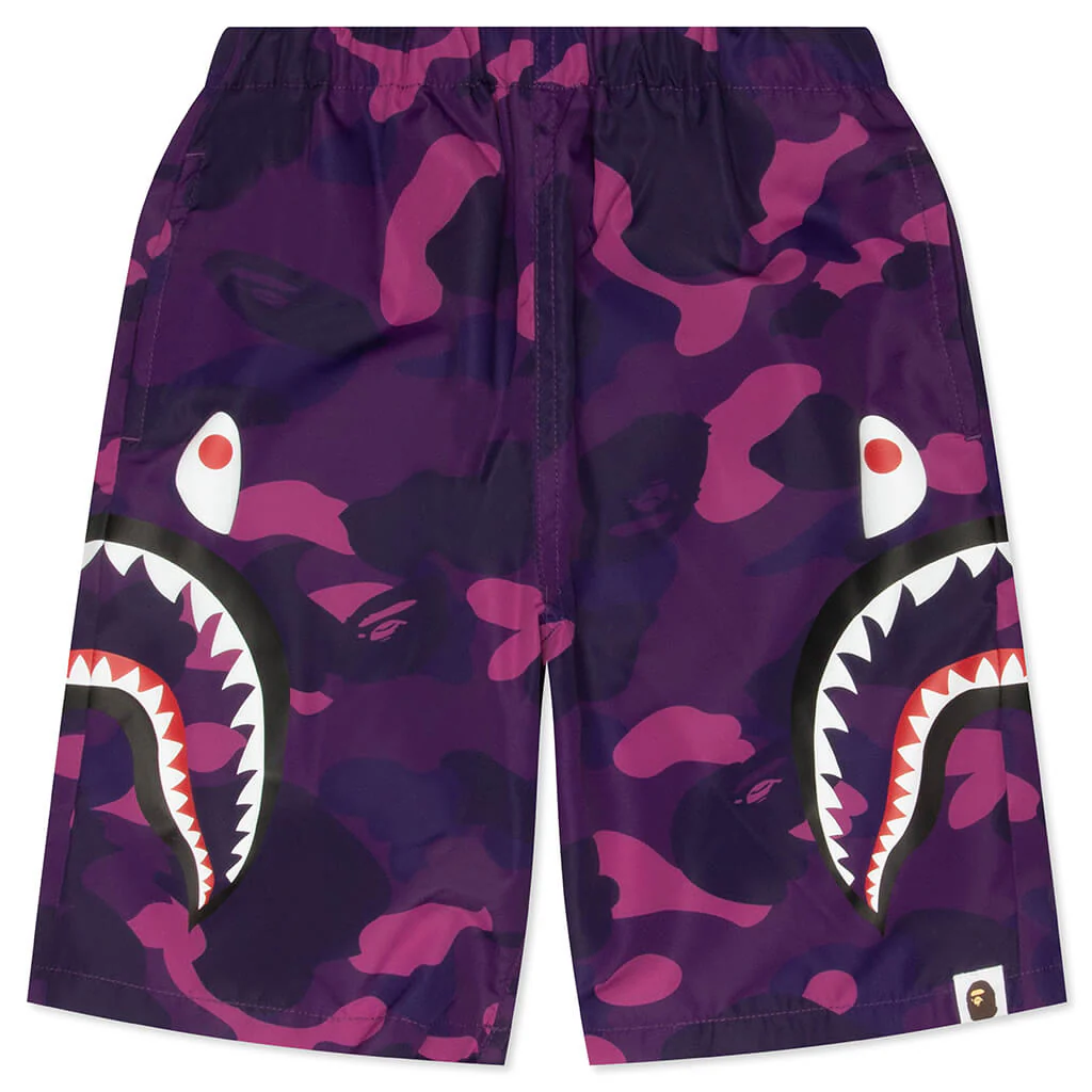 Kids Color Camo Side Shark Beach Shorts - Purple