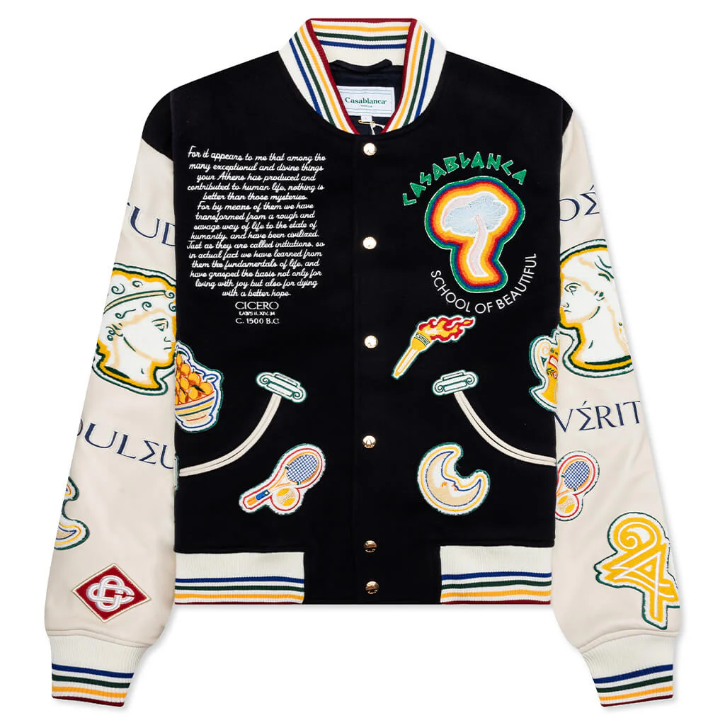 Chenille Embroidered Patchwork Bomber Jacket - Navy/Off-White