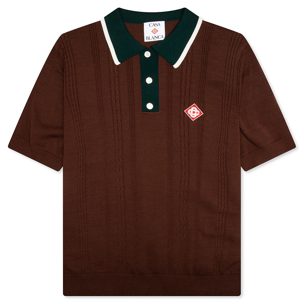 Cable Knit Oversized Polo Shirt - Dark Brown