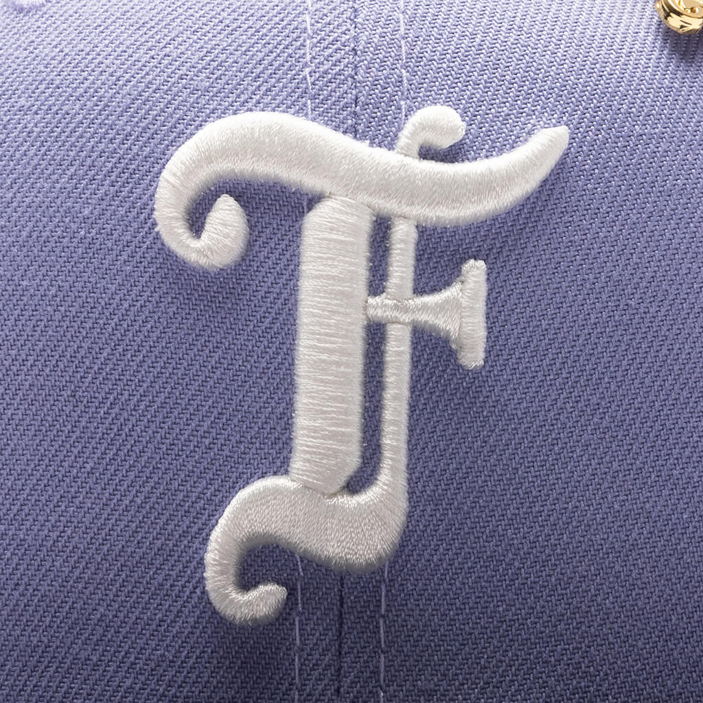 Feature x New Era Old English F Snapback Hat w/ Pin - Lavender/Night Shift Navy - Image 2