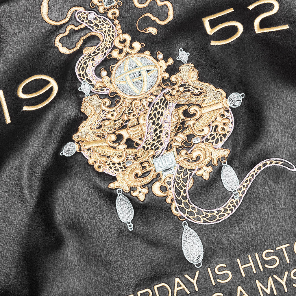Nappa Leather Varsity Jacket with Chandelier and Snake Embroideries - Black/White - Image 4