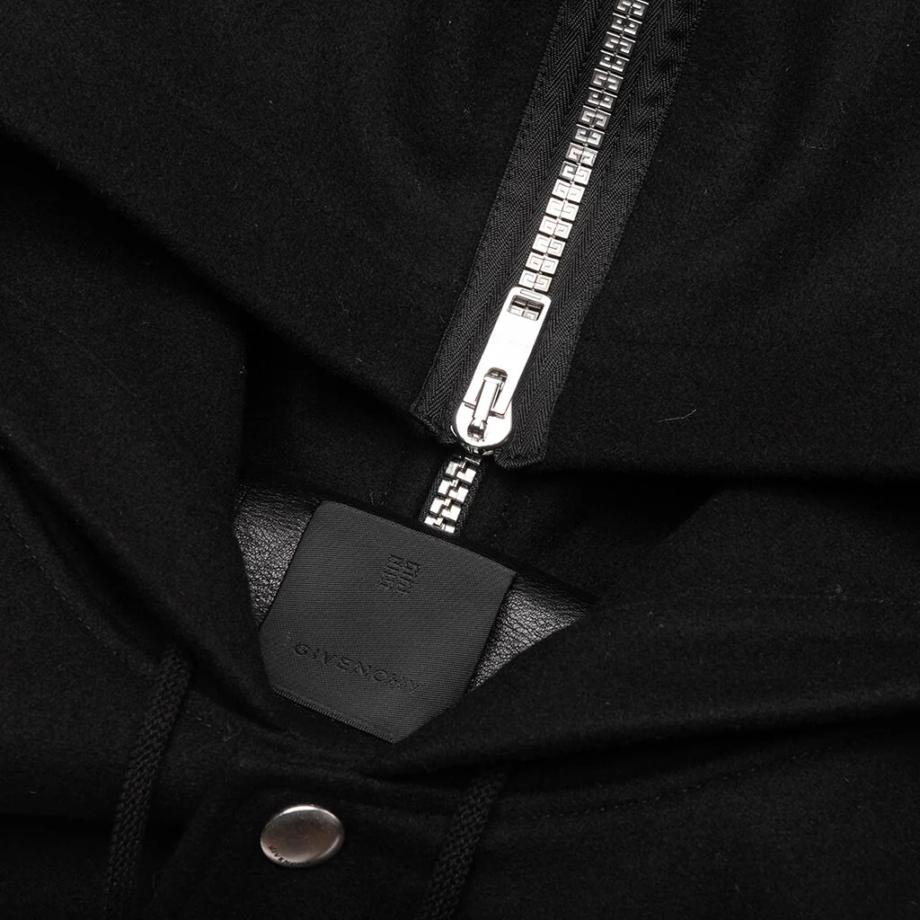 Hooded Varsity Jacket in Wool and Leather - Black - Image 3