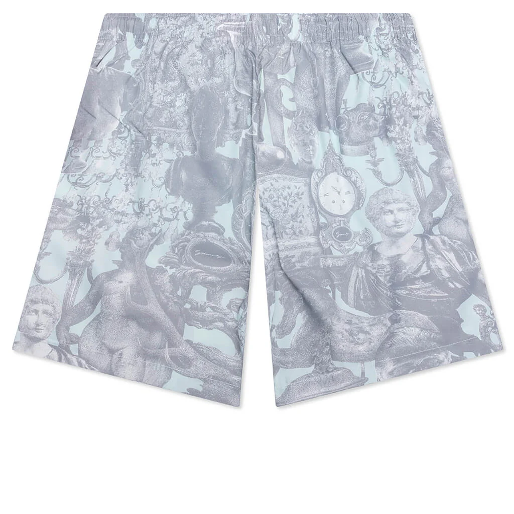 Linen Bermuda Swim Shorts with Hubert Objects Print - Prussian Blue/Grey