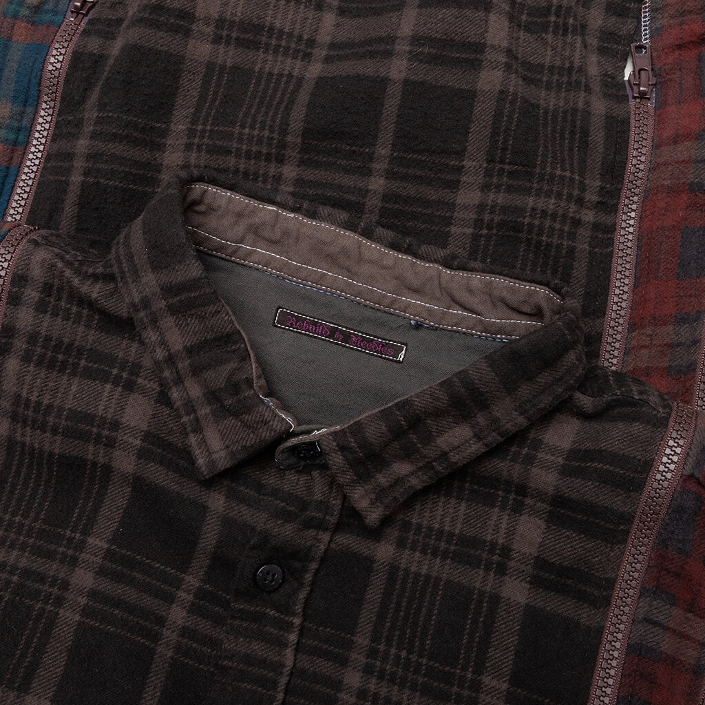 Flannel Shirt 7 Cuts Zipped Wide Shirt Over Dye - Brown - Image 3
