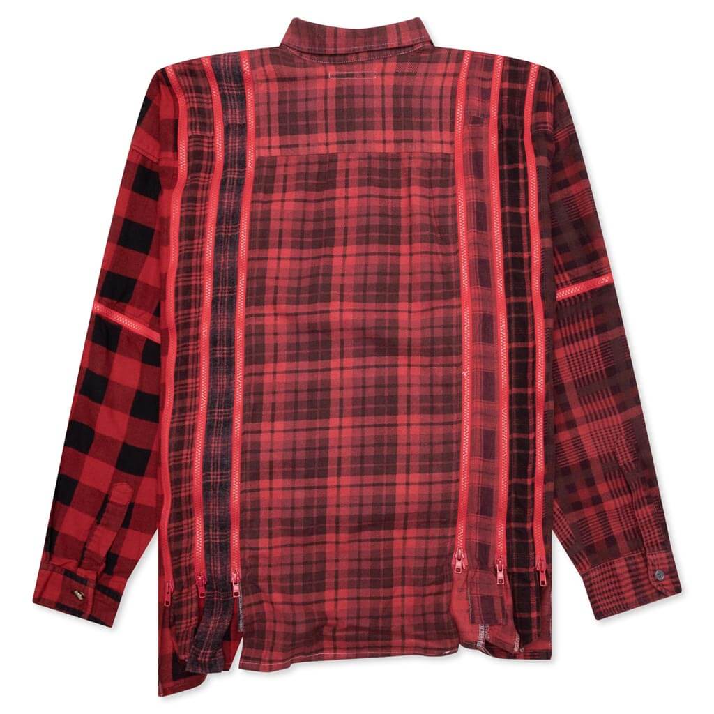 Flannel Shirt 7 Cuts Zipped Wide Shirt Over Dye - Red - Image 2