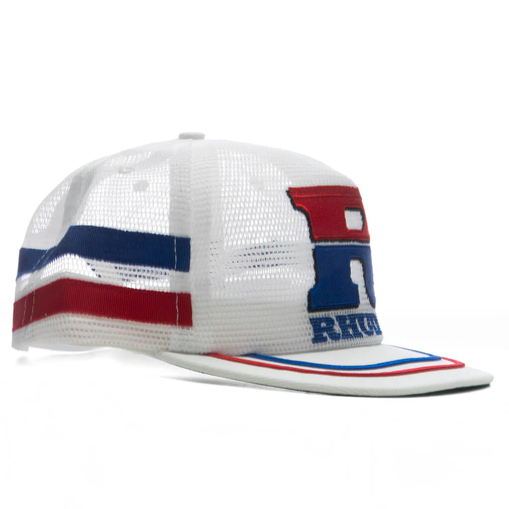 Split Petrol Logo Mesh Trucker Hat - White/Red/Blue - Image 3