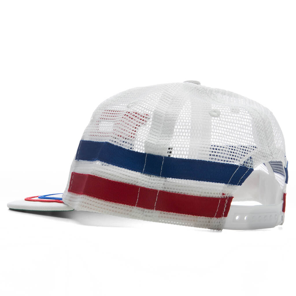 Split Petrol Logo Mesh Trucker Hat - White/Red/Blue - Image 4